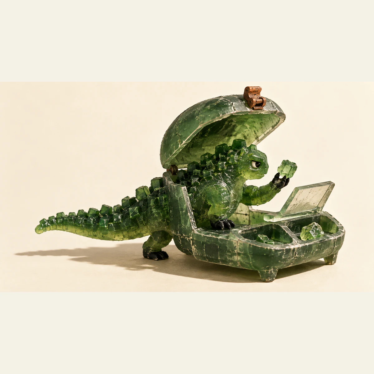 A skeptical green resin dinosaur stands partly inside an open, compartmented shell, holding a translucent fragment beside a tilted inspection panel. Copper hardware and hard shadows punctuate the ivory background.
