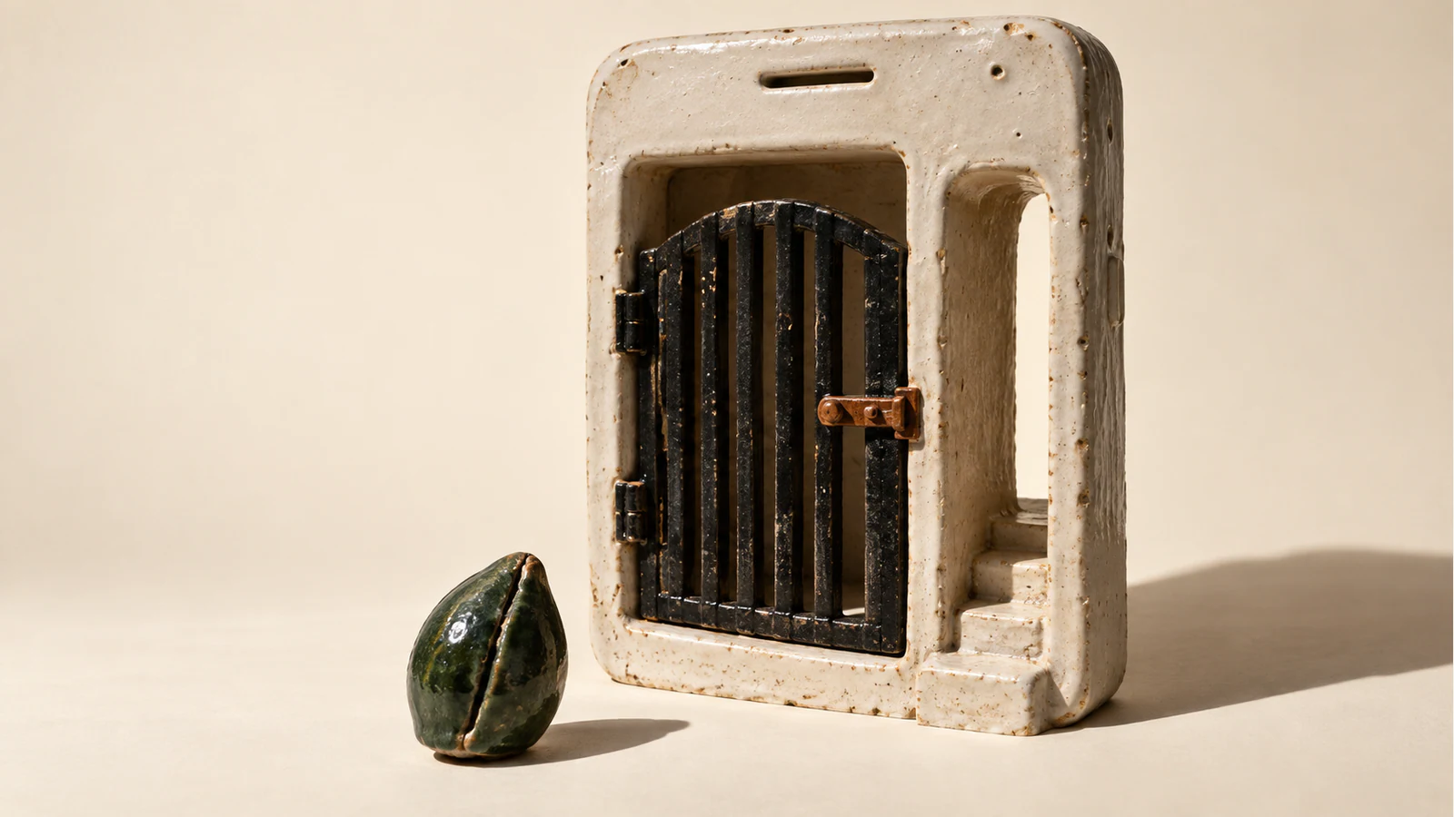 A green ceramic seed waits before an ivory phone-shaped doorway with a closed black gate, copper latch, and open stepped side passage. Hard shadows fall across the warm ivory background.