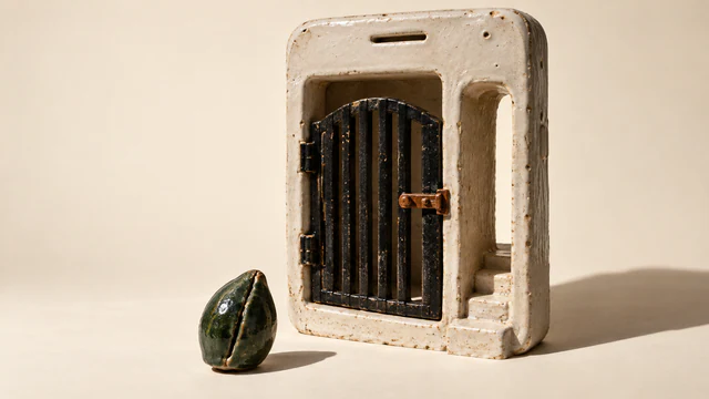 A green ceramic seed waits before an ivory phone-shaped doorway with a closed black gate, copper latch, and open stepped side passage. Hard shadows fall across the warm ivory background.
