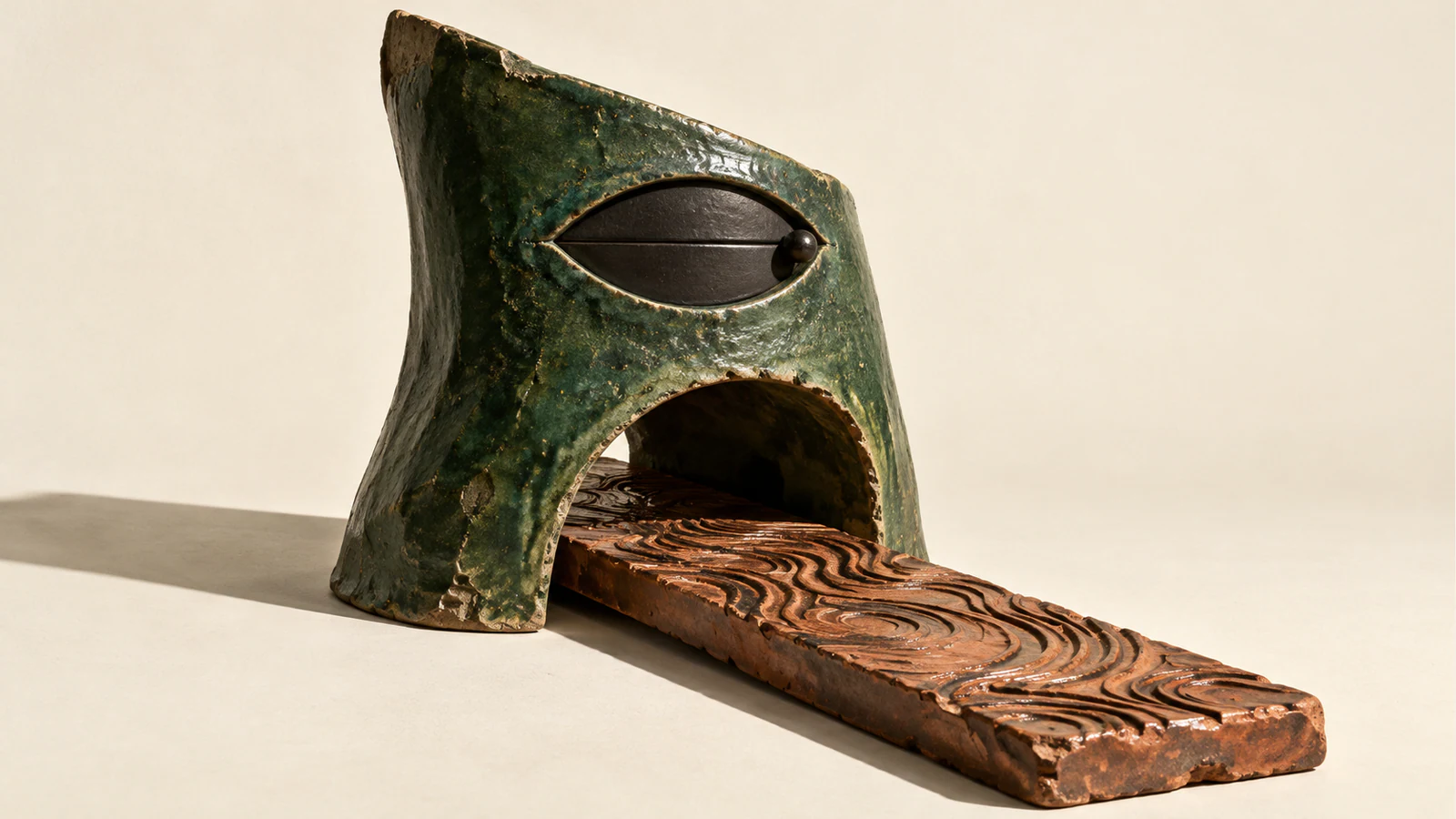 A weathered forest-green ceramic hood has a closed black eye-shaped shutter above an open arch. A grooved copper-colored slab passes through the arch, casting a hard shadow on warm ivory.