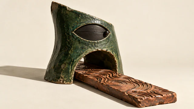 A weathered forest-green ceramic hood has a closed black eye-shaped shutter above an open arch. A grooved copper-colored slab passes through the arch, casting a hard shadow on warm ivory.