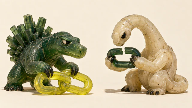 Two handmade resin dinosaurs on an ivory background: a stocky green creature holds interlocked yellow chain links, while an ivory long-necked creature examines a gap in a separate green link.