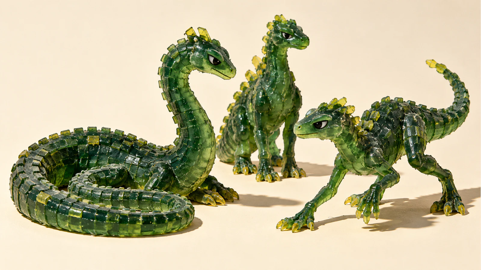 Three translucent forest-green resin dinosaurs with yellow scales and skeptical eyes on an ivory ground: a long coiled creature at left, a crouching sibling at right, and an upright third behind them. Hard shadows reveal their irregular handmade surfaces.