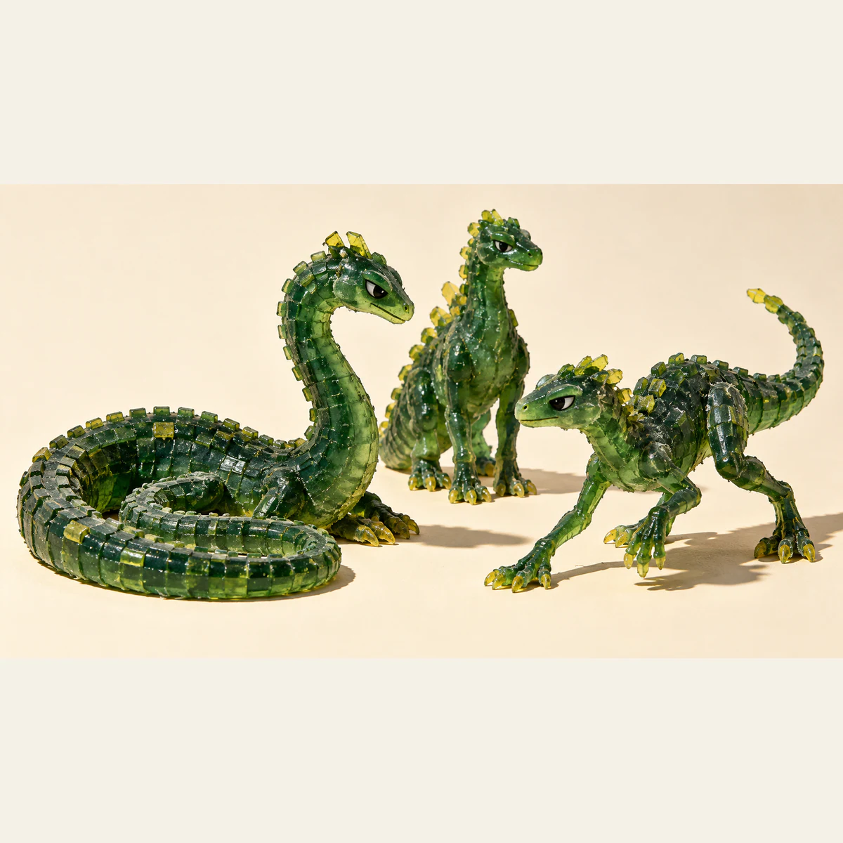 Three translucent forest-green resin dinosaurs with yellow scales and skeptical eyes on an ivory ground: a long coiled creature at left, a crouching sibling at right, and an upright third behind them. Hard shadows reveal their irregular handmade surfaces.