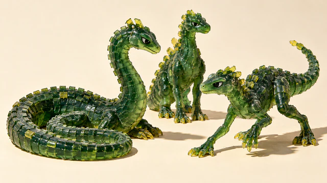 Three translucent forest-green resin dinosaurs with yellow scales and skeptical eyes on an ivory ground: a long coiled creature at left, a crouching sibling at right, and an upright third behind them. Hard shadows reveal their irregular handmade surfaces.