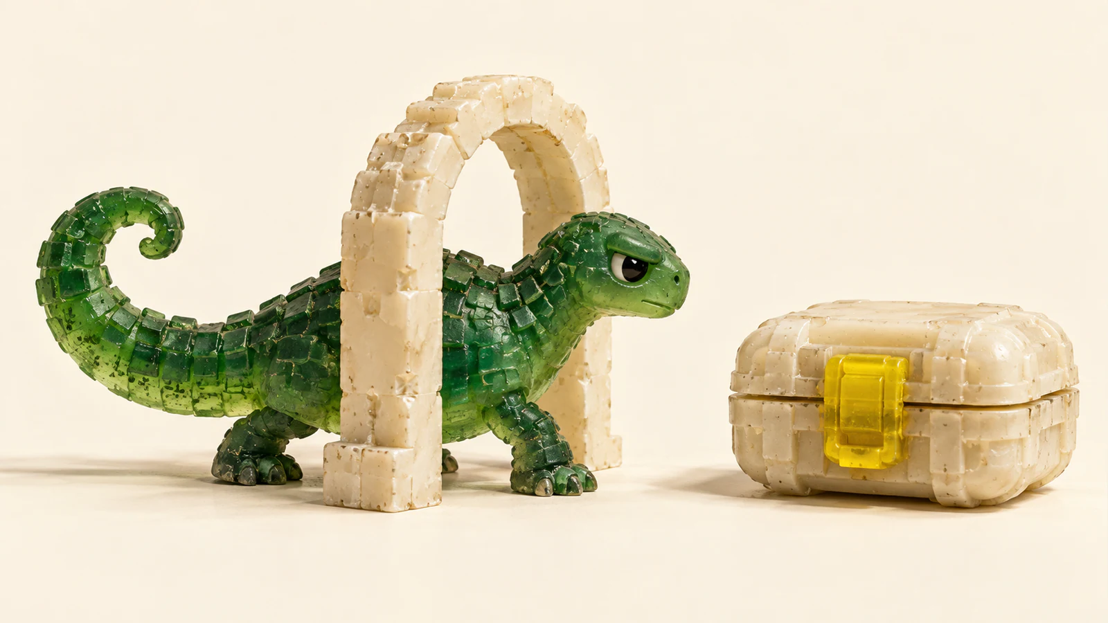 A translucent green resin dinosaur stands halfway through an ivory arch, eyeing a separate closed ivory case with a yellow clasp. Bubbles, uneven scales and cast shadows give the miniature a handmade texture.