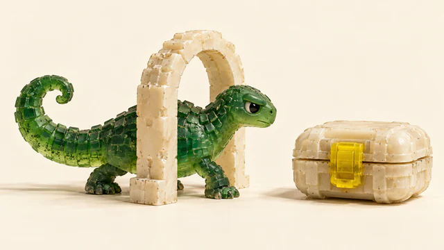 A translucent green resin dinosaur stands halfway through an ivory arch, eyeing a separate closed ivory case with a yellow clasp. Bubbles, uneven scales and cast shadows give the miniature a handmade texture.