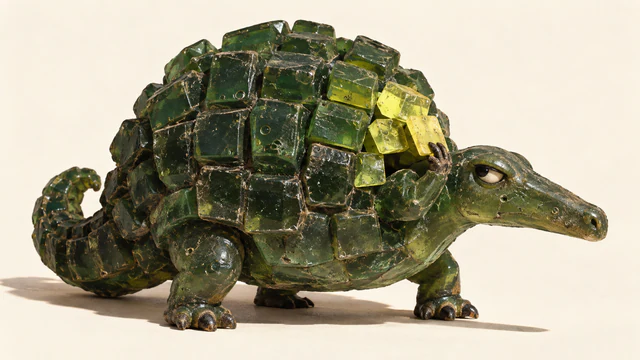 A skeptical green resin dinosaur touches a few yellow scales on its oversized, block-scaled back. Bubbles, scuffs and seams catch hard light against an ivory background.