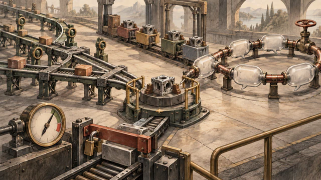 Three agent-orchestration mechanisms converge on a guarded workpiece while unmanned module carts move along checkpoint rails.