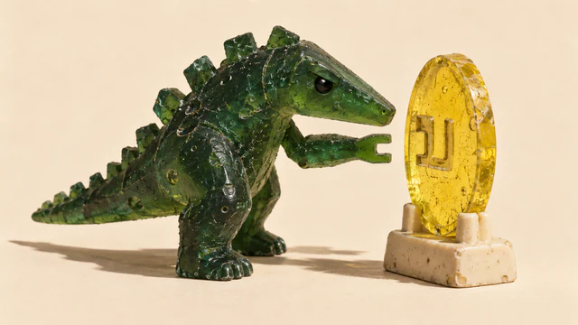 A rough translucent green resin dinosaur extends a fork-shaped hand toward a recessed yellow medallion mounted in an ivory stand. Bubbles, chipped edges and long shadows texture the warm ivory scene.