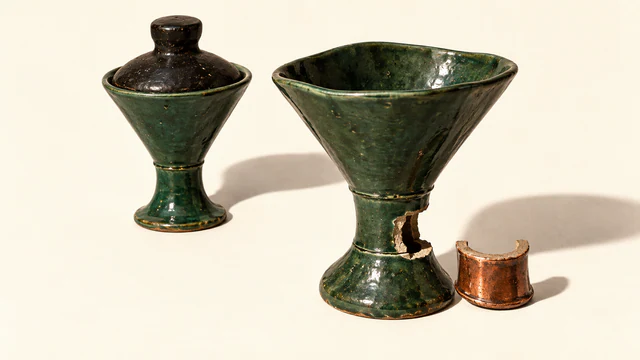 Two forest-green ceramic funnels cast hard shadows on ivory. One has a black stopper; the other has a gap in its stem beside a copper-colored replacement segment.