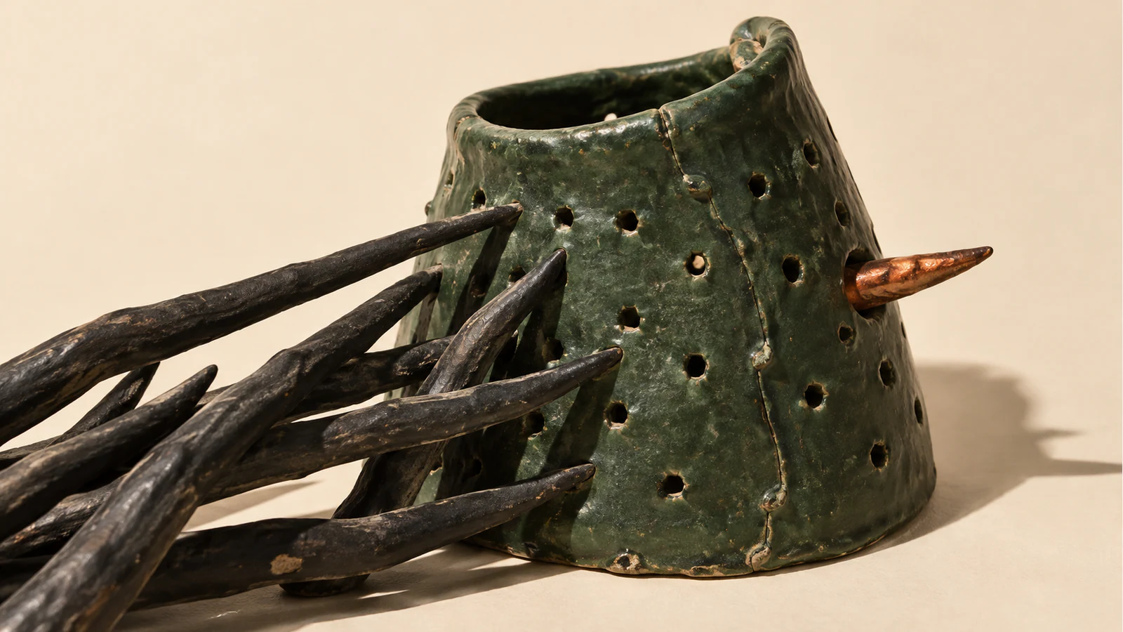 Black ceramic thorns press against a weathered, perforated green ceramic collar, with a copper-colored point protruding from its right side. Hard shadows fall across an ivory background.