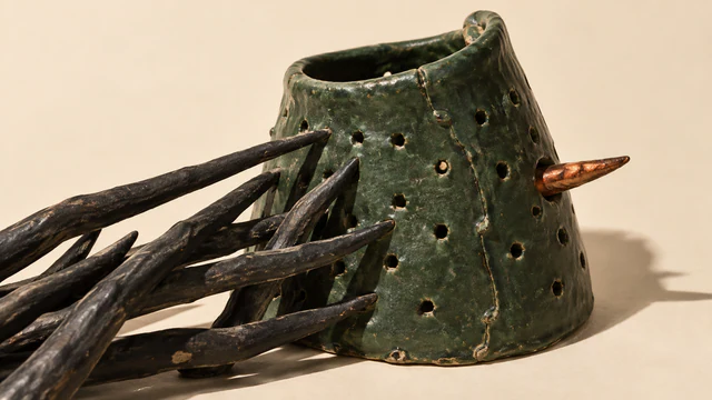 Black ceramic thorns press against a weathered, perforated green ceramic collar, with a copper-colored point protruding from its right side. Hard shadows fall across an ivory background.