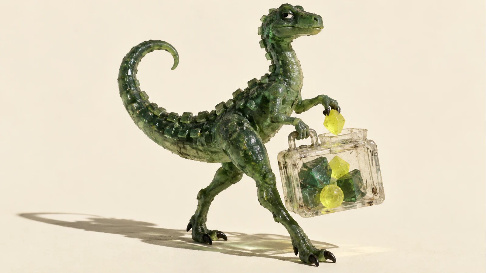 A skeptical green resin dinosaur strides across an ivory background, carrying a transparent suitcase of green and yellow tokens while holding another yellow token above its opening. A long shadow extends left.