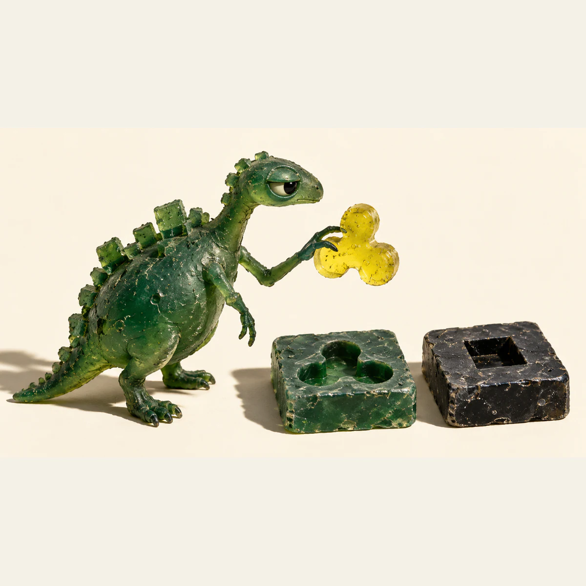 A scuffed translucent green dinosaur holds a yellow three-lobed piece above two resin slabs: one with a matching cavity and one with a square cavity, on an ivory background.