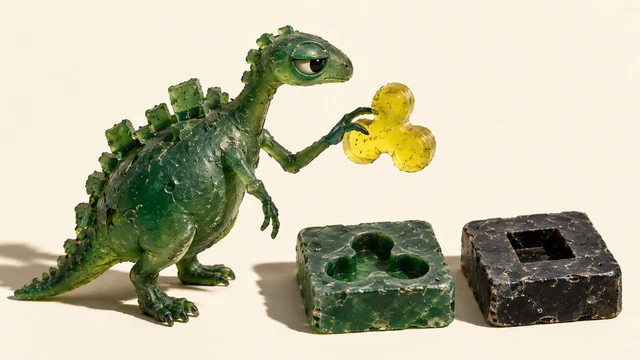 A scuffed translucent green dinosaur holds a yellow three-lobed piece above two resin slabs: one with a matching cavity and one with a square cavity, on an ivory background.