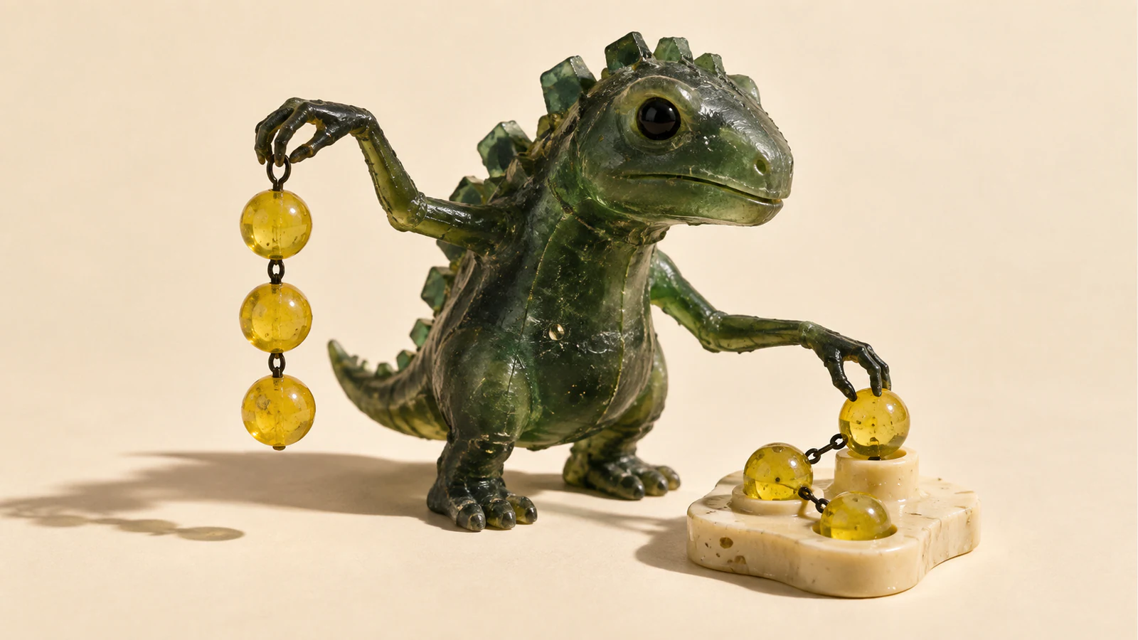 A scuffed translucent green dinosaur suspends three linked yellow beads with one claw while placing another bead into an ivory socket arrangement with the other, against a warm ivory background.