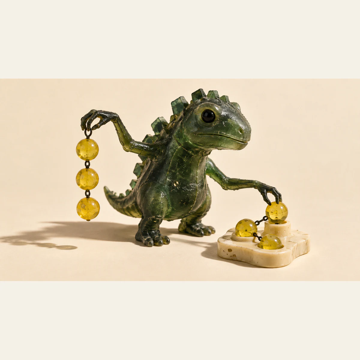 A scuffed translucent green dinosaur suspends three linked yellow beads with one claw while placing another bead into an ivory socket arrangement with the other, against a warm ivory background.