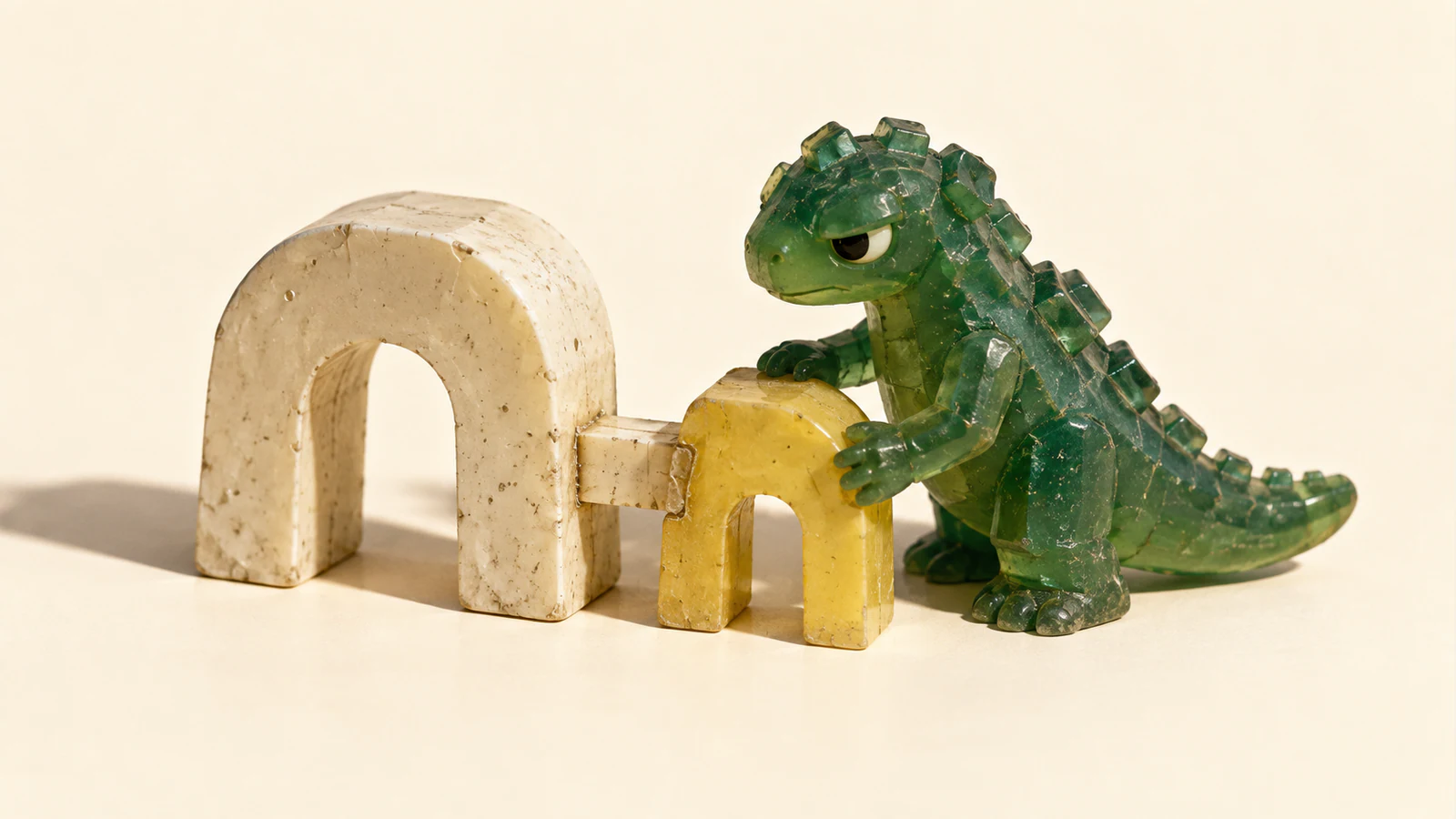 A skeptical green resin dinosaur steadies a small yellow arch beside a larger ivory arch, joined by a short spacer. Scuffs, bubbles and strong shadows give the miniature a handmade appearance against an ivory background.
