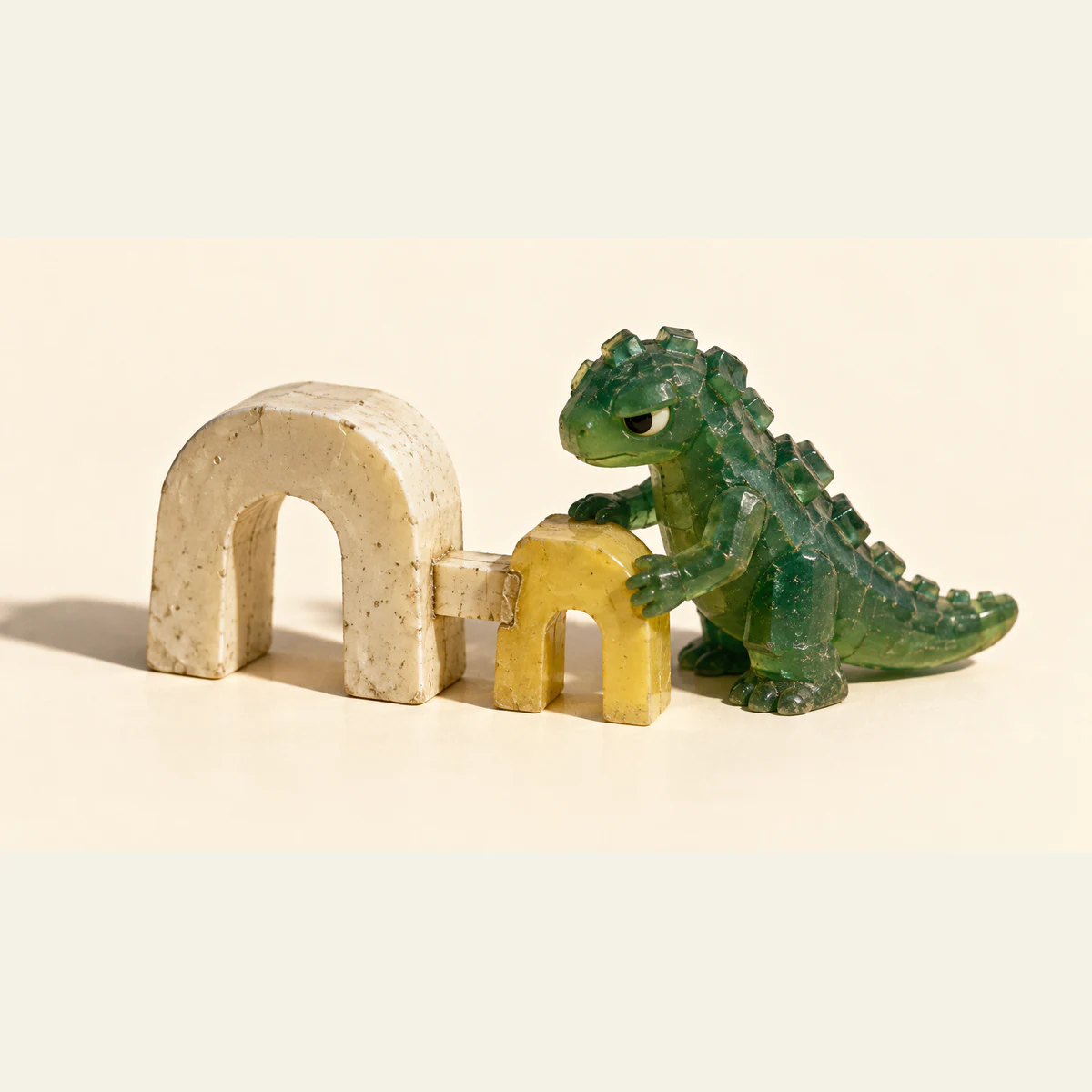 A skeptical green resin dinosaur steadies a small yellow arch beside a larger ivory arch, joined by a short spacer. Scuffs, bubbles and strong shadows give the miniature a handmade appearance against an ivory background.