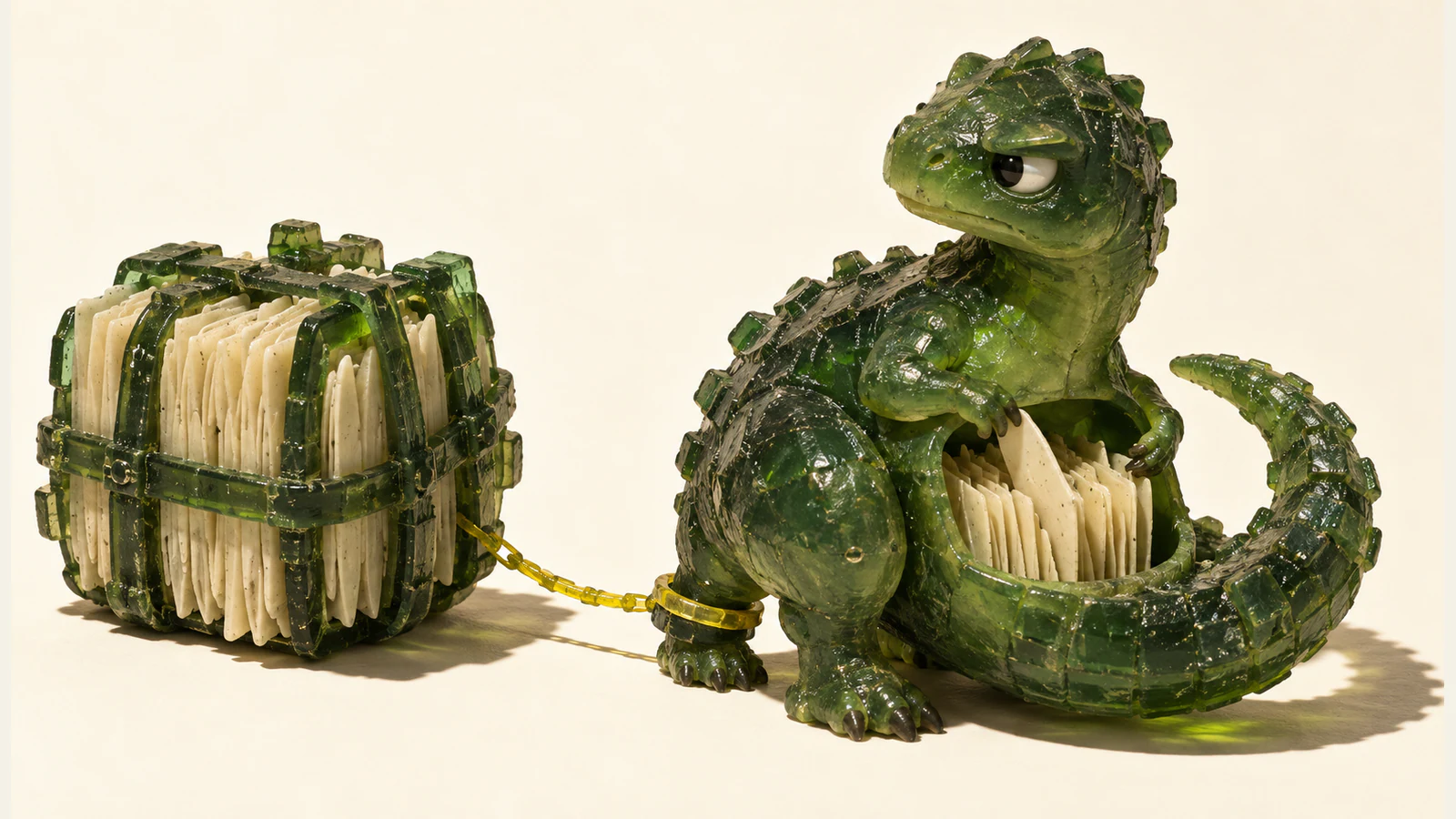 A skeptical green resin dinosaur rearranges ivory leaves inside its open belly. A yellow chain connects its ankle to a larger external bundle of leaves, against a warm ivory background.