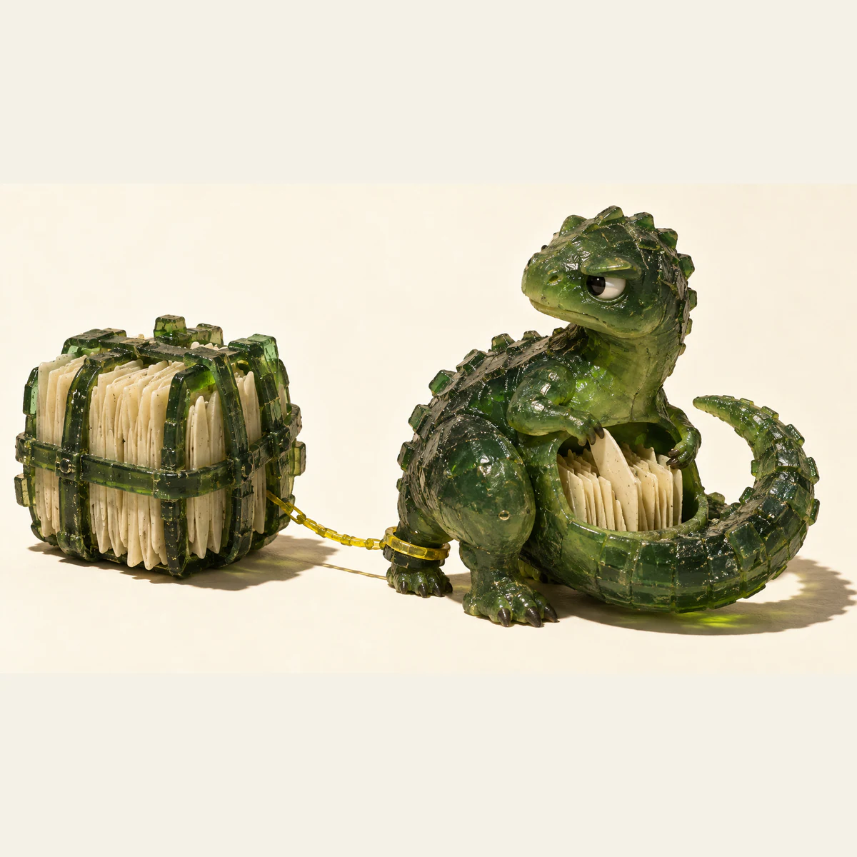 A skeptical green resin dinosaur rearranges ivory leaves inside its open belly. A yellow chain connects its ankle to a larger external bundle of leaves, against a warm ivory background.