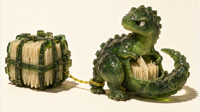 A skeptical green resin dinosaur rearranges ivory leaves inside its open belly. A yellow chain connects its ankle to a larger external bundle of leaves, against a warm ivory background.