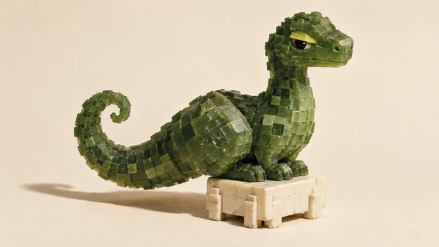 A green dinosaur built from uneven translucent resin blocks perches on a small ivory processor-like stool. Its curled tail and skeptical yellow-lidded eye cast a handmade, deadpan character against a warm ivory background.