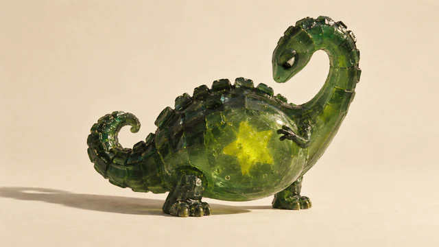A translucent forest-green resin dinosaur peers down at a yellow star embedded in its bulbous belly, reaching toward it with a tiny forearm. Rough scales, bubbles and a long shadow emphasize the handmade miniature against warm ivory.