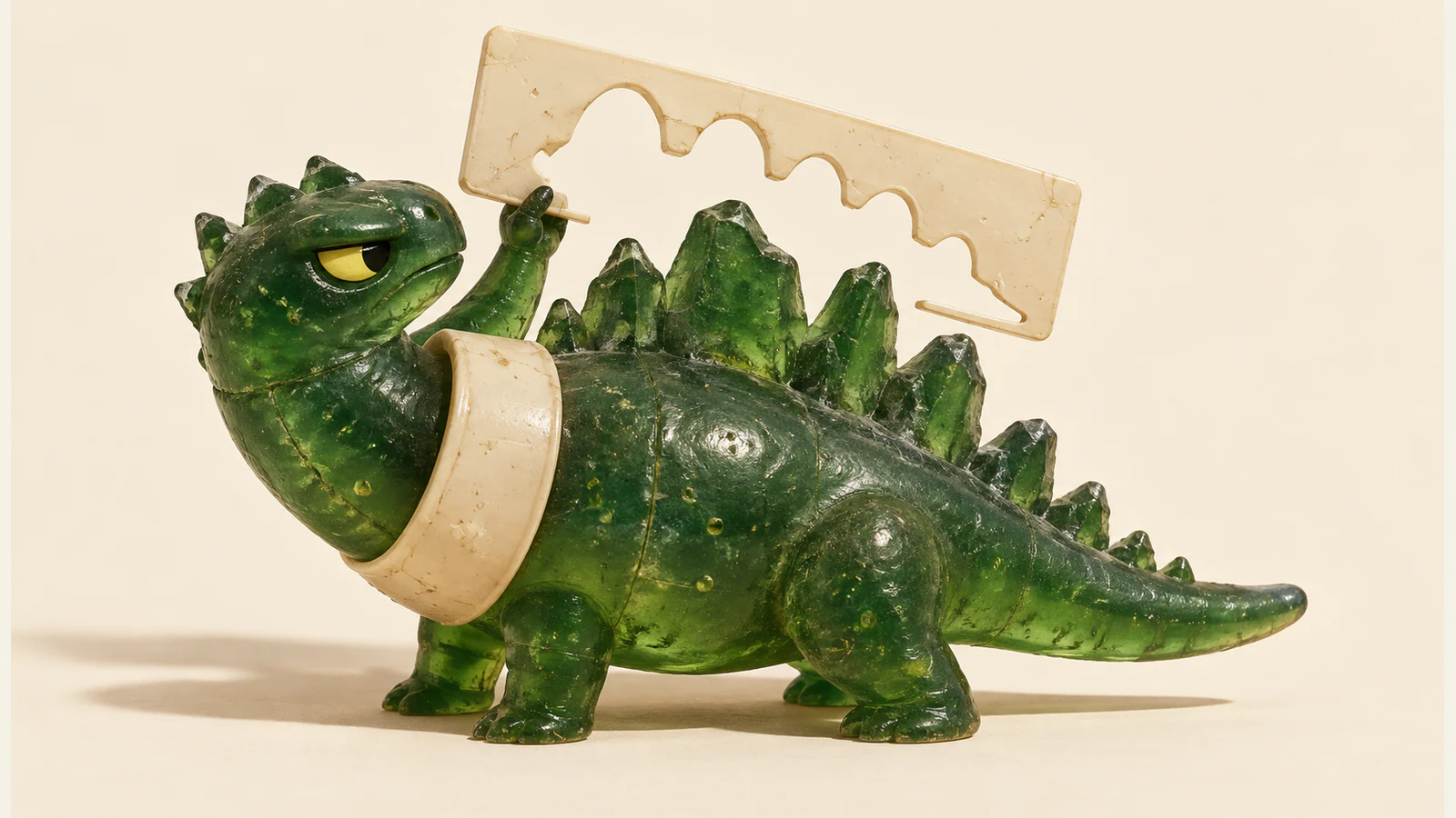 A translucent green resin dinosaur with a skeptical yellow eye and ivory collar holds a rounded contour stencil above its mismatched jagged back scales, against a warm ivory background.