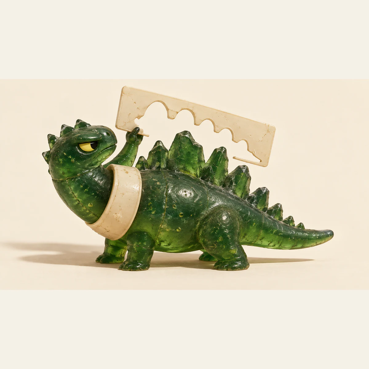 A translucent green resin dinosaur with a skeptical yellow eye and ivory collar holds a rounded contour stencil above its mismatched jagged back scales, against a warm ivory background.