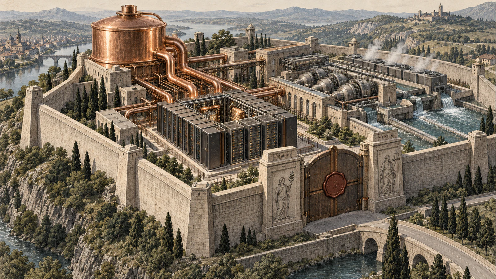 A fortified regional compute foundry combines servers, cooling waterways, turbines and a copper reservoir behind a sealed local gate.