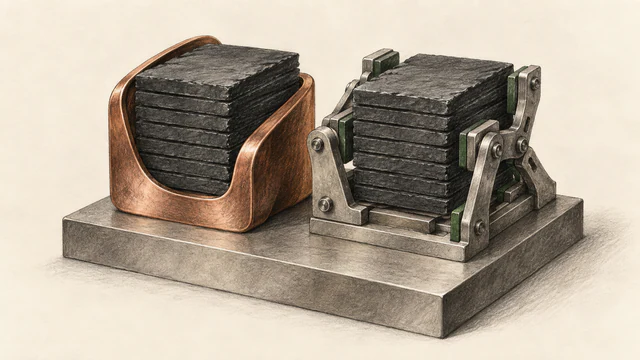 Two stacks of dark model-weight slabs rest in contrasting runtime cradles: a seamless copper enclosure beside a modular warm-gray frame with green joints.