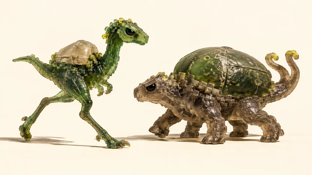 Two scuffed translucent resin dinosaurs face each other on ivory: a slender green creature strides with a small back load, while a squat, many-legged creature supports a large green load beneath curled twin tails.