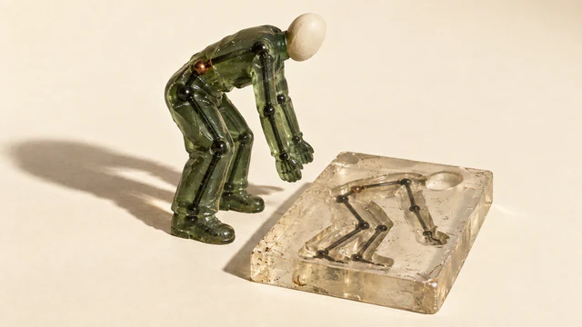 A bent, faceless green resin figure reveals black joint geometry and a copper back joint. Beside it, a clear resin slab preserves a similar skeletal pose. Hard shadows fall across warm ivory.