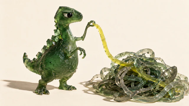 A skeptical green resin dinosaur lifts a yellow strand from a tangled heap of translucent green strands, casting hard shadows across an ivory background.