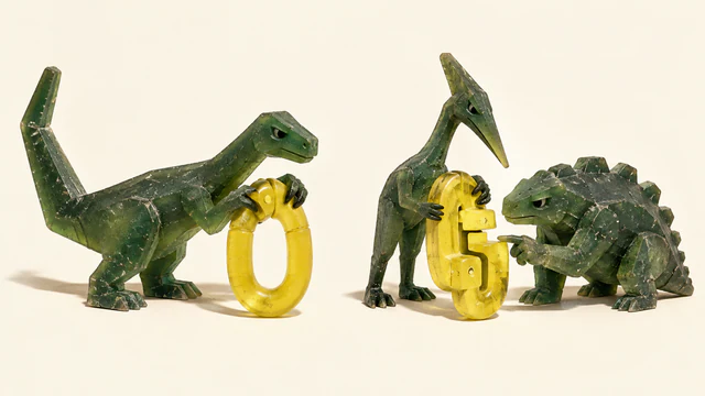 Three scuffed green resin dinosaurs on warm ivory: one holds a closed yellow oval clasp, while two examine a more intricate clasp, one pointing at its open join.