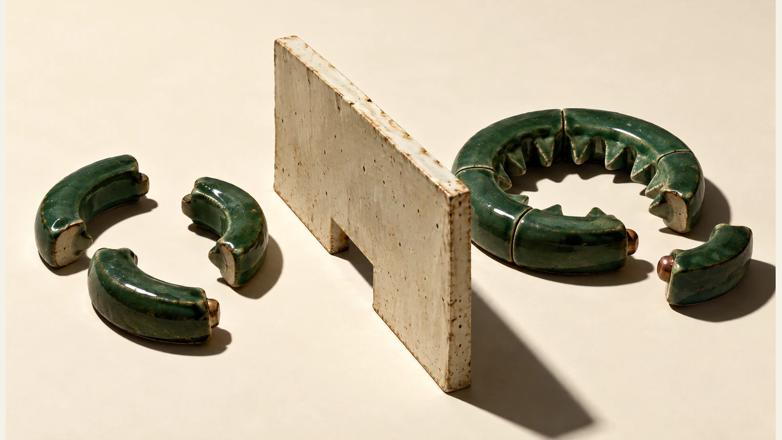 Loose forest-green ceramic arcs sit beside an ivory partition. Beyond it, joined segments form an open ring with inward-facing teeth. Chipped glaze, copper-colored connectors and hard shadows give the scene a handmade physical texture.