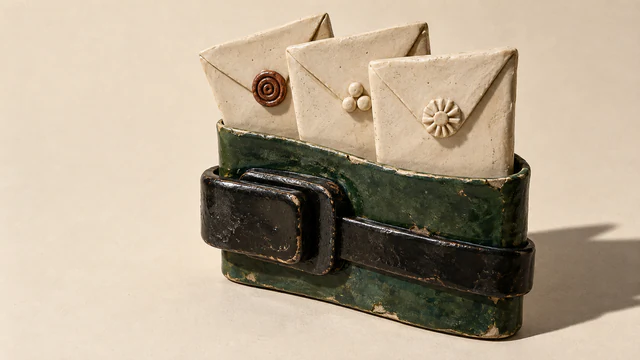 Three ivory ceramic envelopes with distinct embossed seals sit in a chipped forest-green sleeve bound by a black clamp, casting a hard shadow across a warm ivory surface.