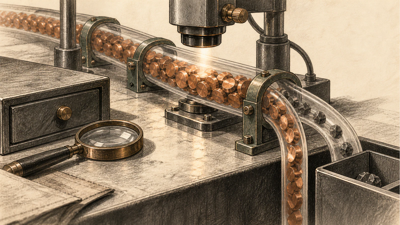A precision inspection counter examines repeated copper tokens in a network conduit beside a smaller irregular stream.
