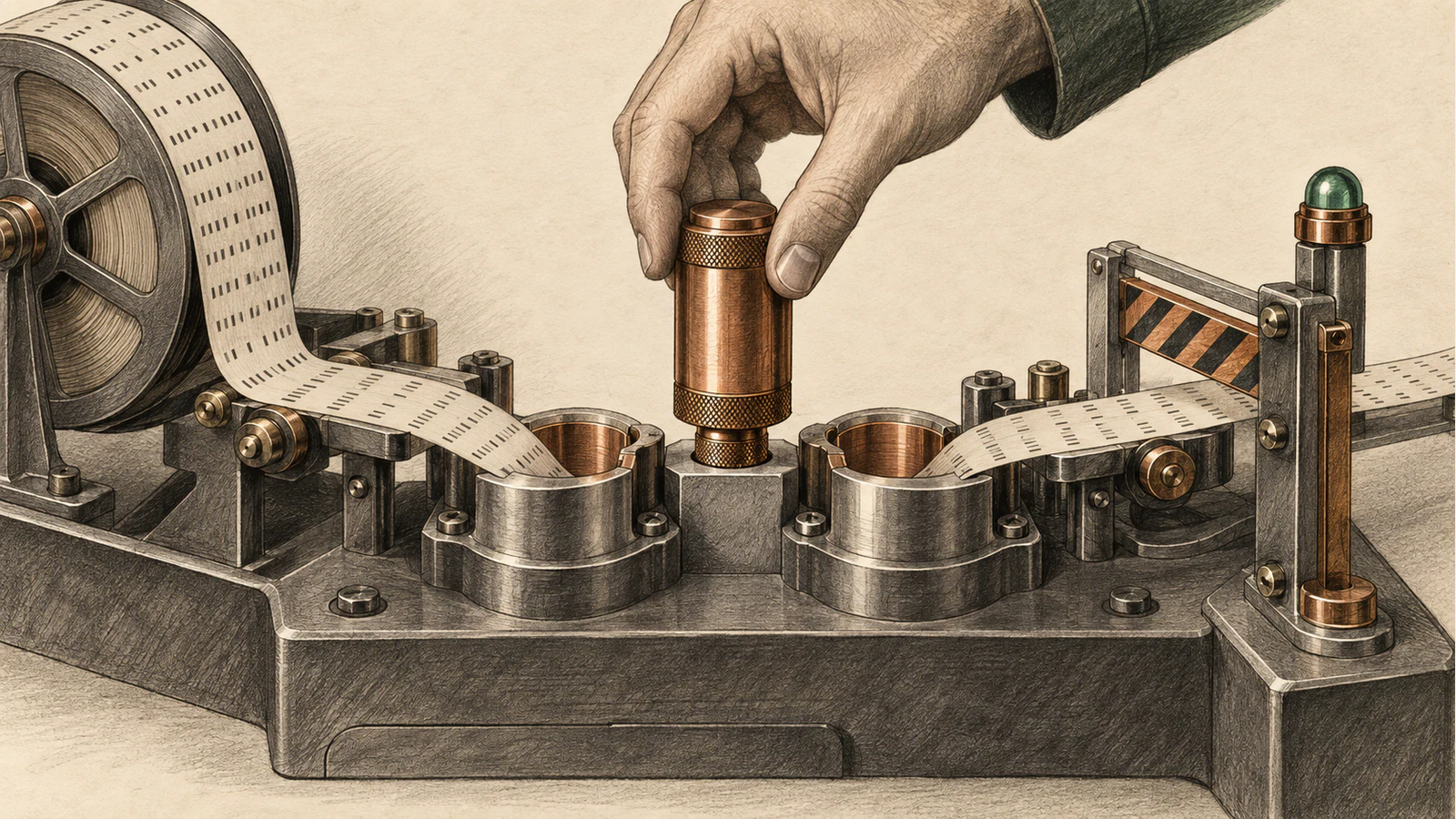 One copper strategy cartridge fits matching archive-replay and live-input sockets on an instrument with a safety gate.