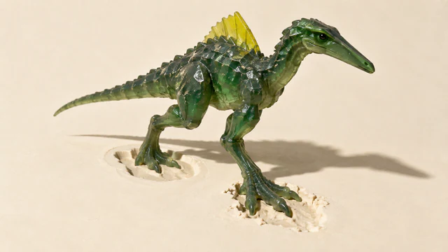 A translucent forest-green resin dinosaur with a yellow dorsal fin steps between two ivory footprint depressions, one smooth-edged and one rough, casting a hard shadow.