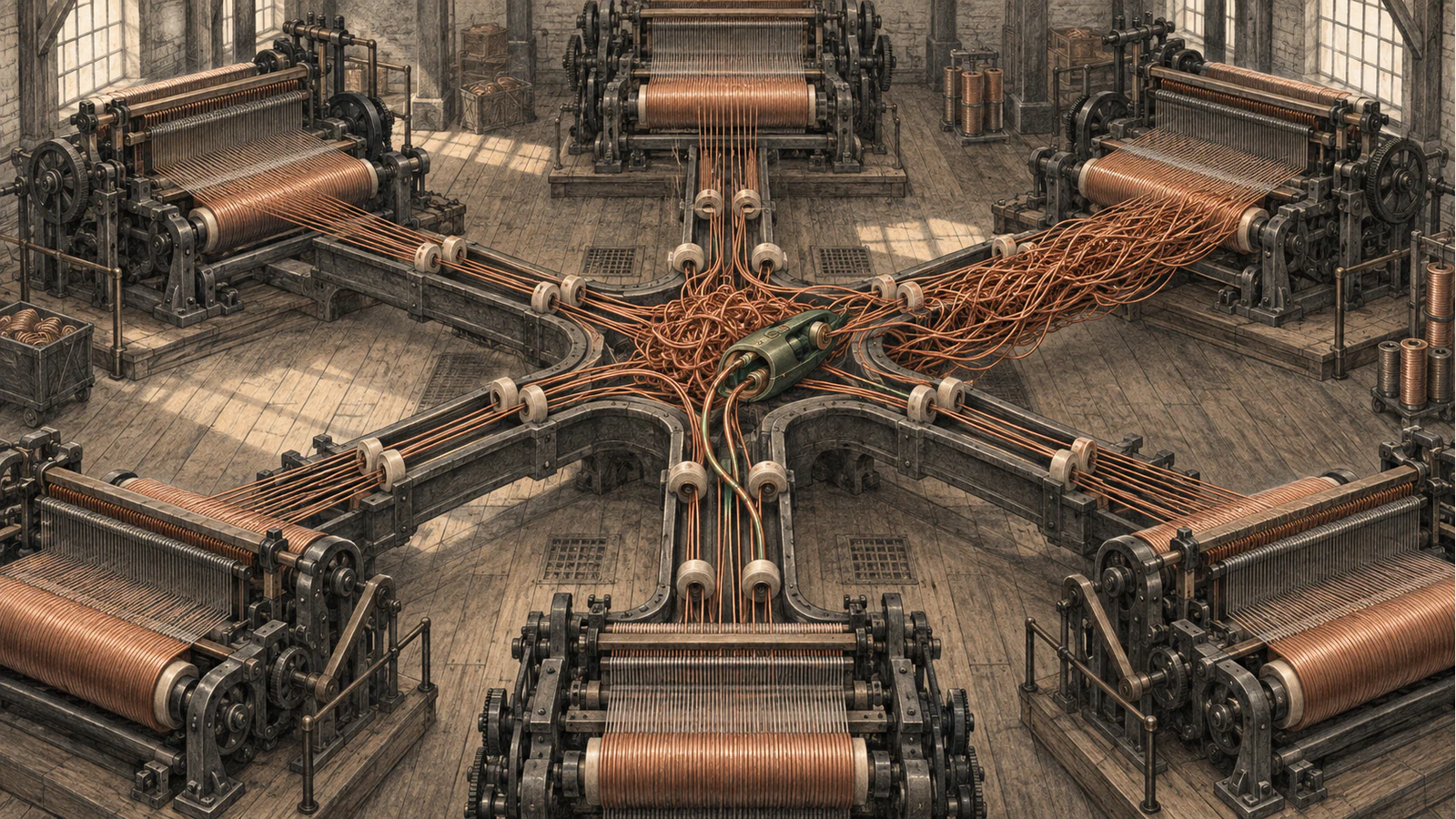 Six weaving engines share one congested copper-thread junction where a green adaptive shuttle works through a knot.