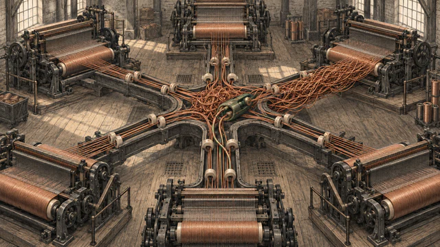 Six weaving engines share one congested copper-thread junction where a green adaptive shuttle works through a knot.