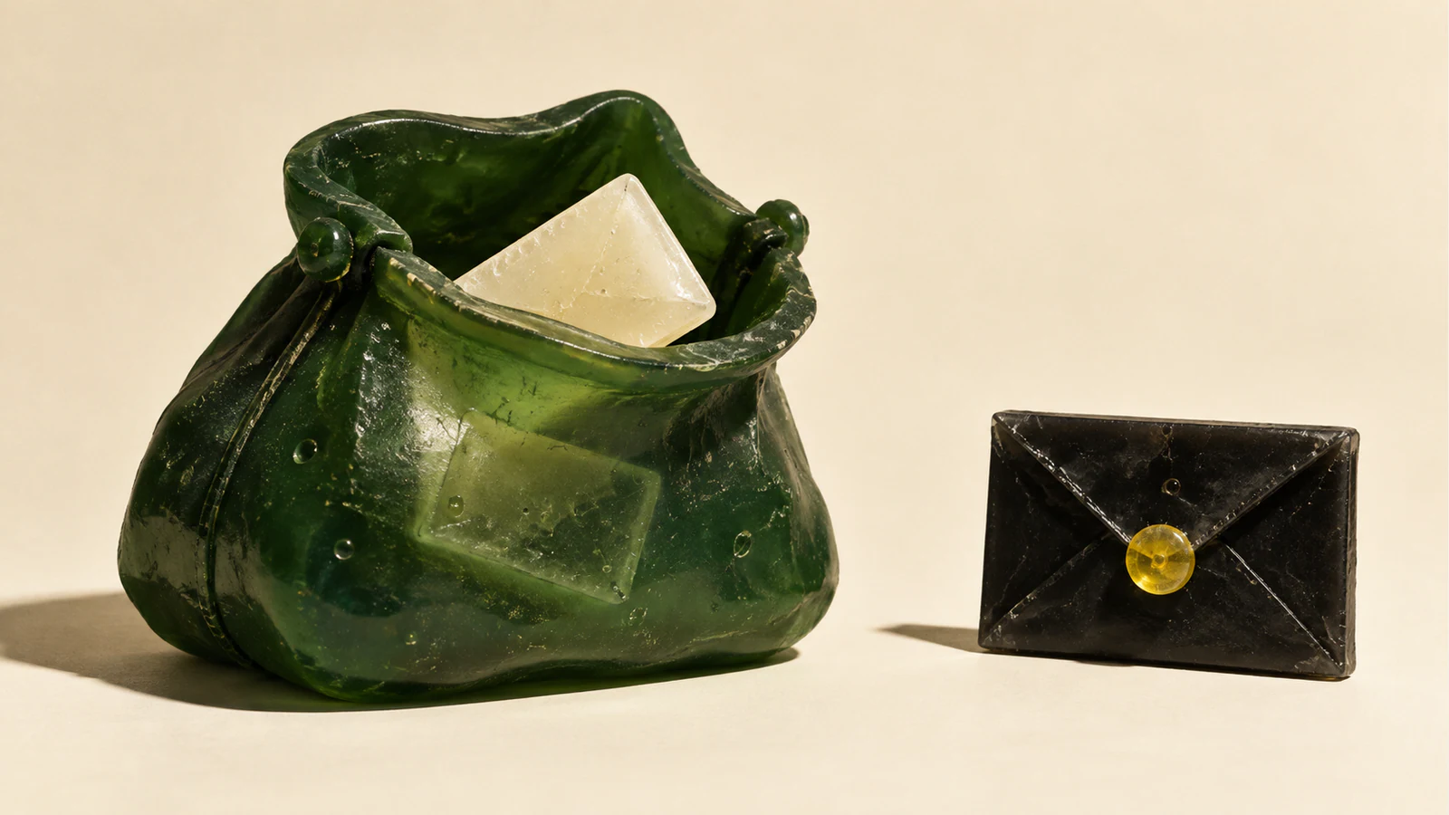 A scuffed translucent green resin purse holds an ivory envelope, with an envelope-shaped trace visible through its side. A closed black envelope with a yellow clasp stands separately on the warm-ivory surface.