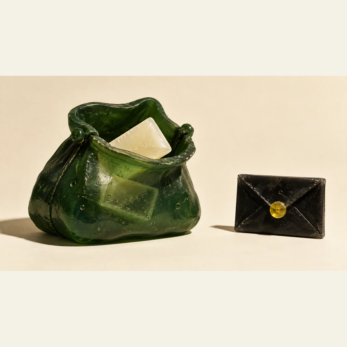 A scuffed translucent green resin purse holds an ivory envelope, with an envelope-shaped trace visible through its side. A closed black envelope with a yellow clasp stands separately on the warm-ivory surface.