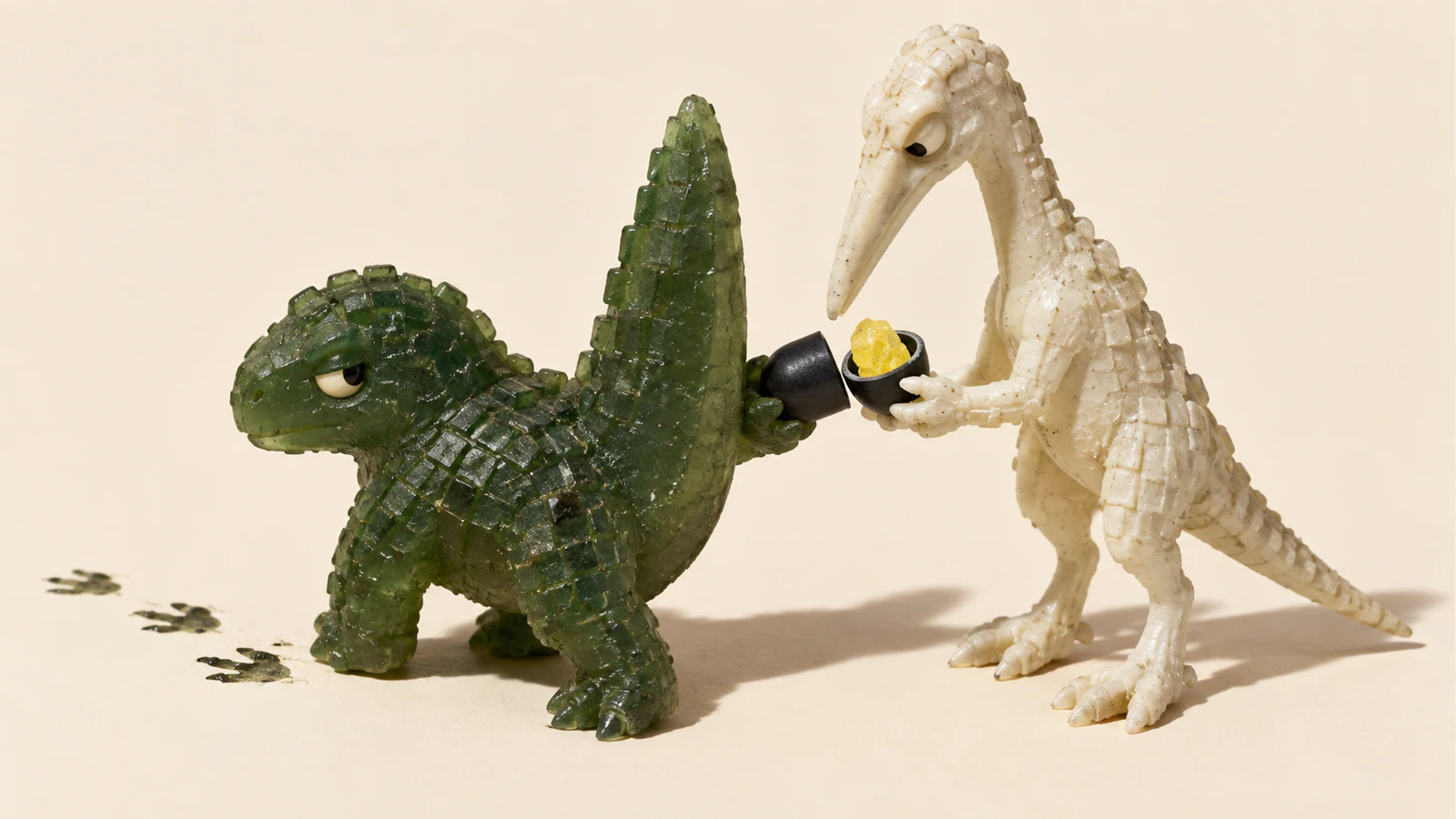 Two handmade resin dinosaurs share an opened black capsule containing a yellow piece. The green dinosaur faces footprints to the left; its raised tail separates it from an ivory dinosaur examining the contents.