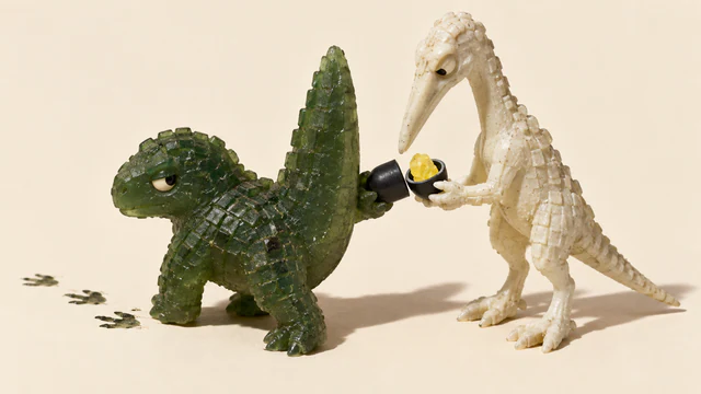 Two handmade resin dinosaurs share an opened black capsule containing a yellow piece. The green dinosaur faces footprints to the left; its raised tail separates it from an ivory dinosaur examining the contents.