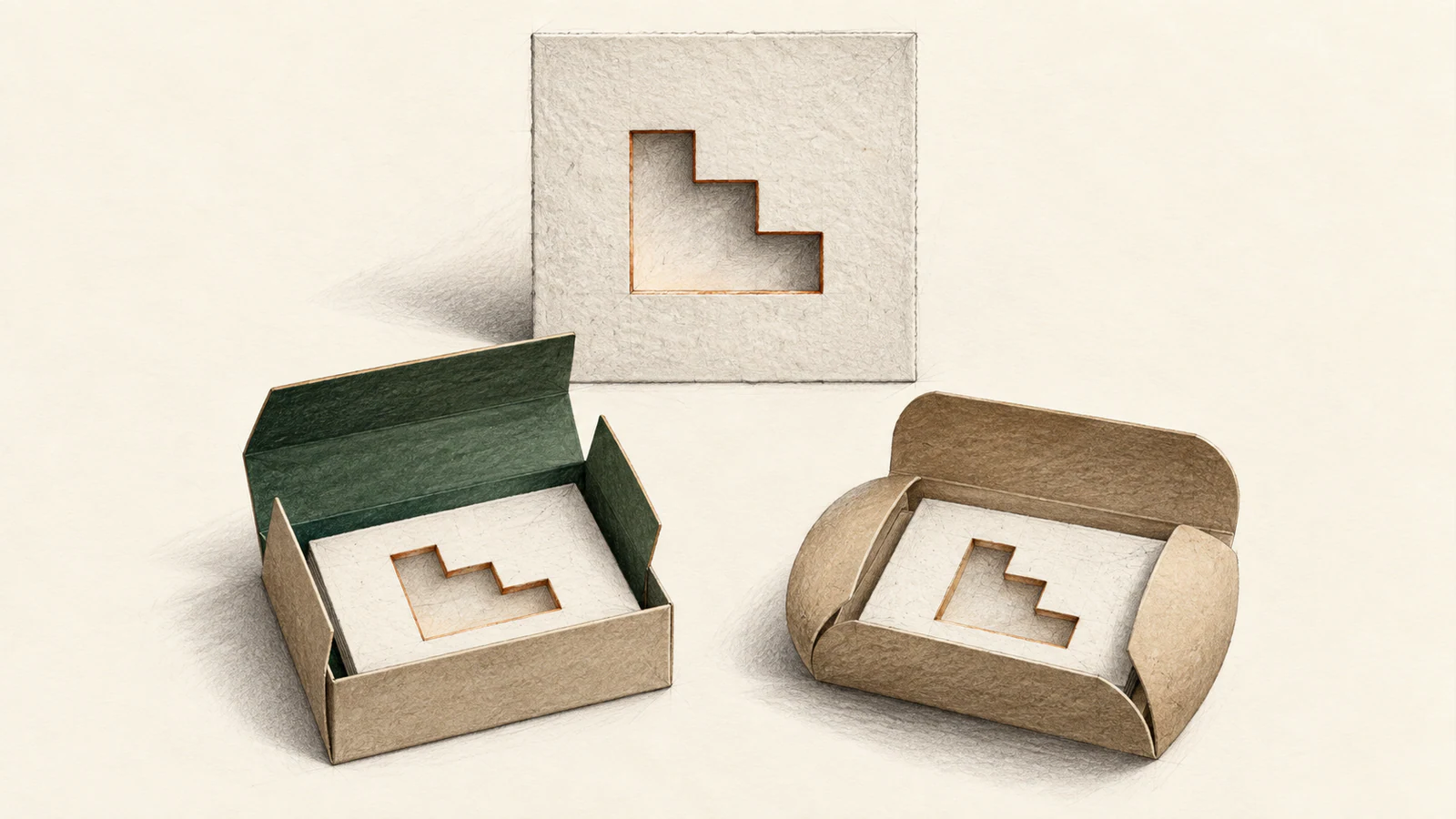 Two open cardboard packages contain ivory inserts with matching copper-edged stepped cutouts. A larger matching stencil stands behind them, drawn in charcoal on warm ivory paper.