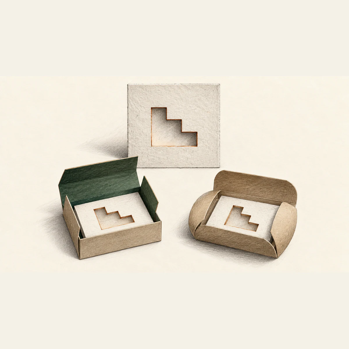 Two open cardboard packages contain ivory inserts with matching copper-edged stepped cutouts. A larger matching stencil stands behind them, drawn in charcoal on warm ivory paper.
